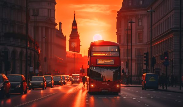 Red bus on road in London near Big Ben Clock Tower. Road traffic in London city. Big Ben in London on sunset. Red bus on City streets in England, UK, United Kingdom. Ai generative illustration.